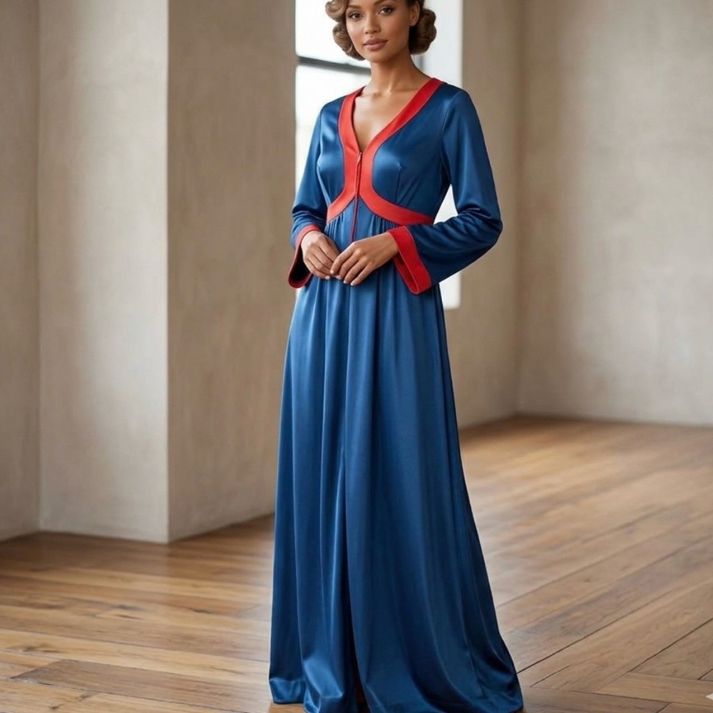 🔥 Vanity Fair Vintage Blue Zip Up Caftan Robe 12